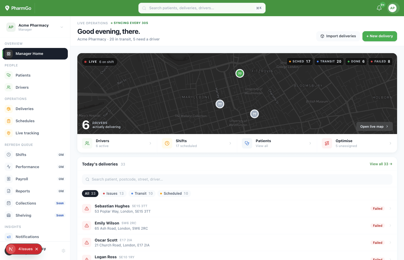 PharmGo manager dashboard — live ops, today's deliveries, per-driver stats