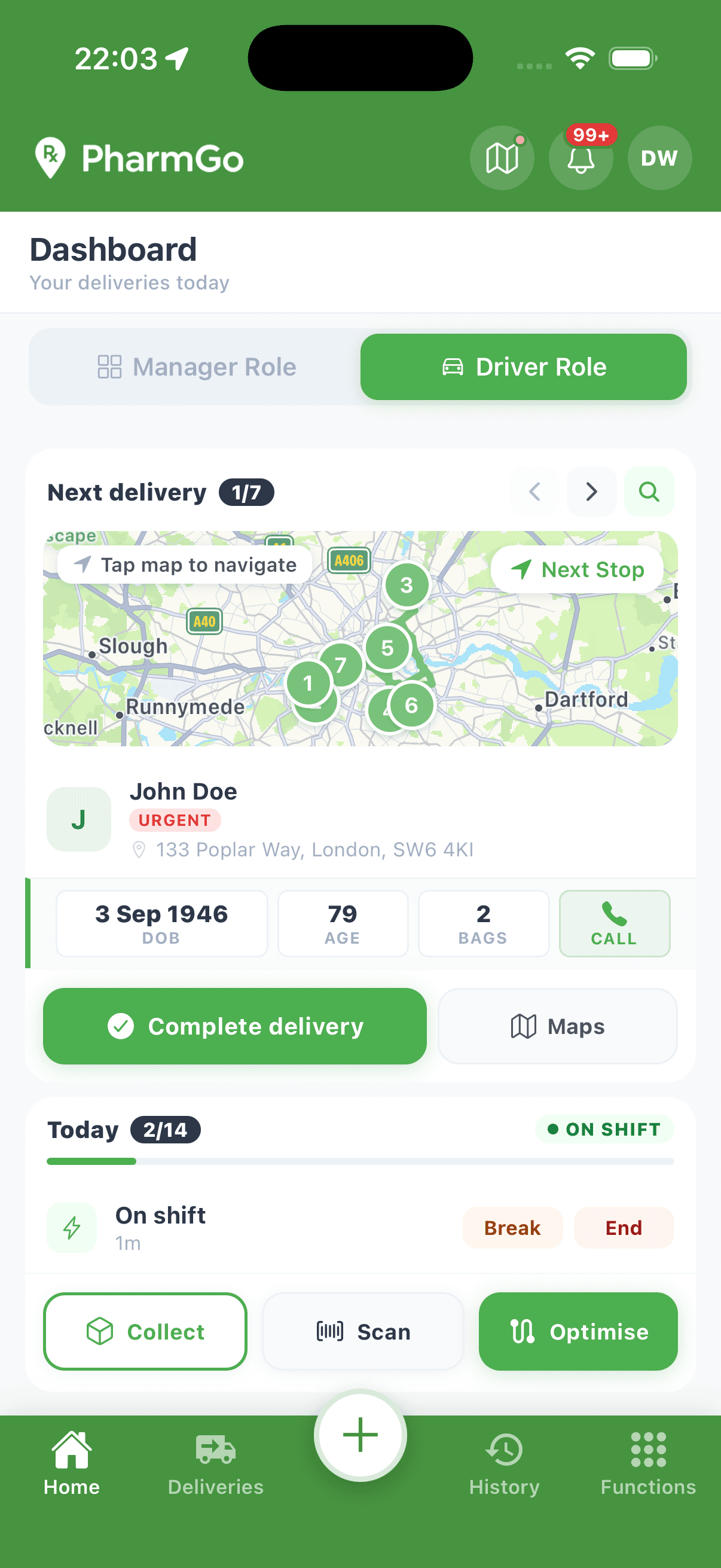 PharmGo driver app — DriverHome with today's deliveries