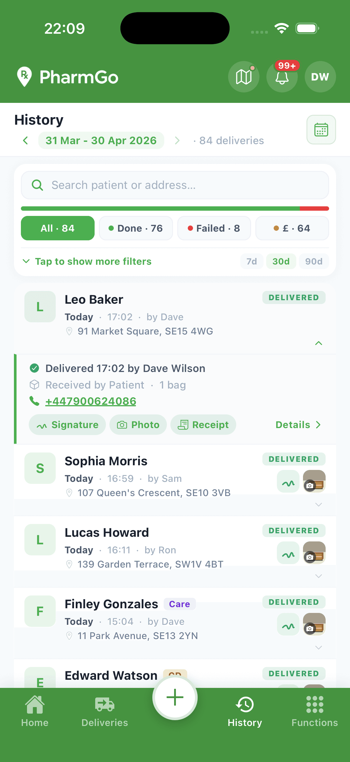 History — search any driver's past deliveries