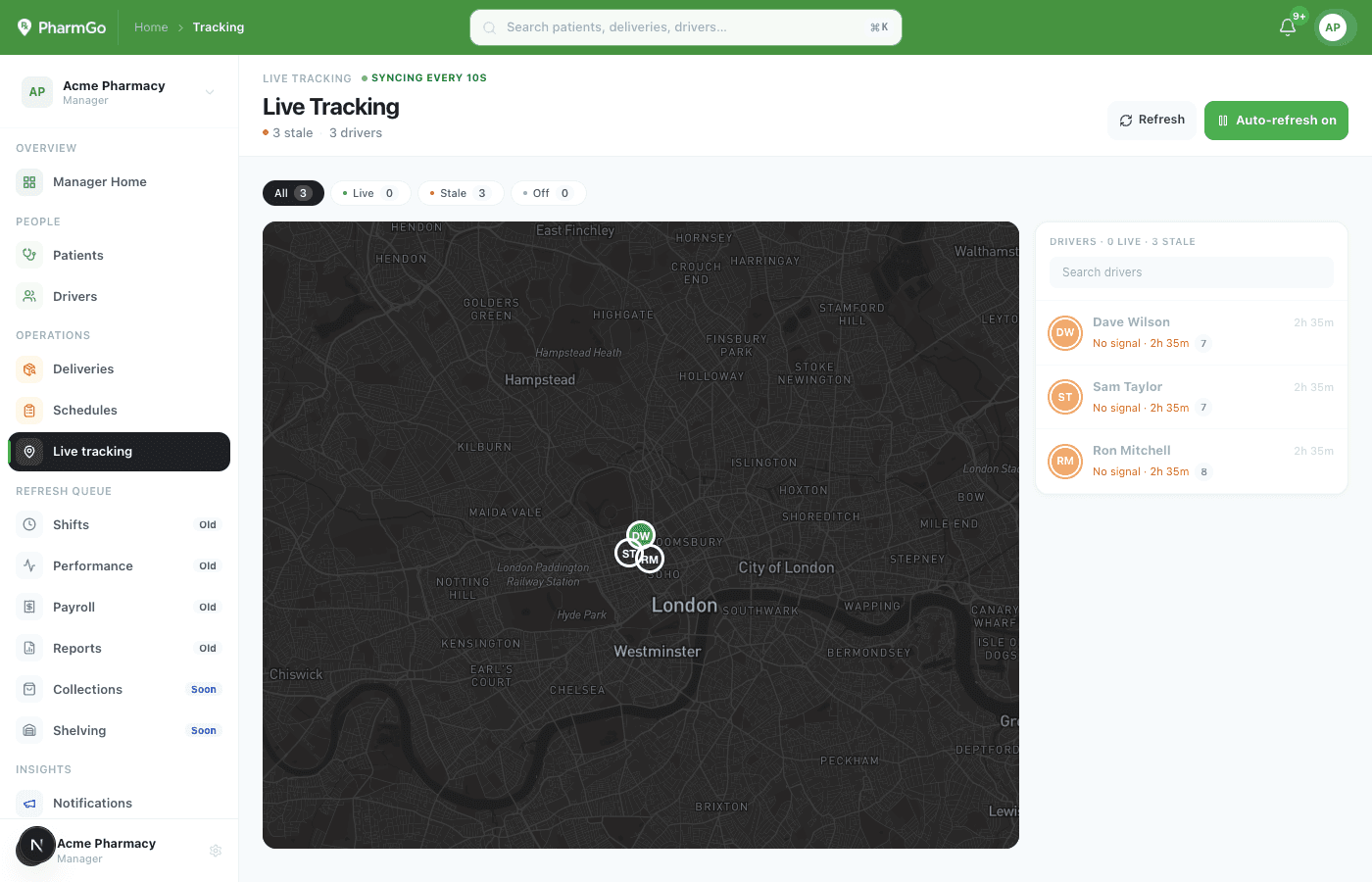 PharmGo live driver tracking map for pharmacy deliveries